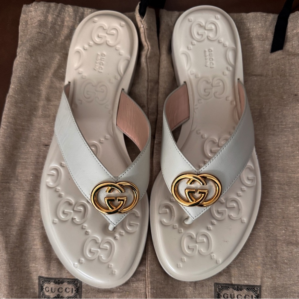 Gucci White and Gold Sandals with Signature GG Logo - Authentic